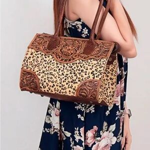 American Darling Leopard Print Brown Leather Handbag